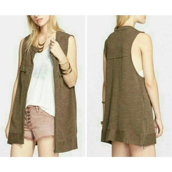 Free People Slub Highway Knit Zip-Up Vest In Olive Green Size Small - Picture 1 of 9